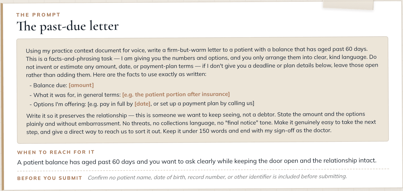A page from the Dental Practice Prompt Library: the past-due letter prompt